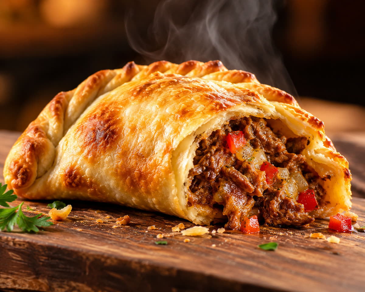 Empanada de carne recién horneada sobre una tabla de madera